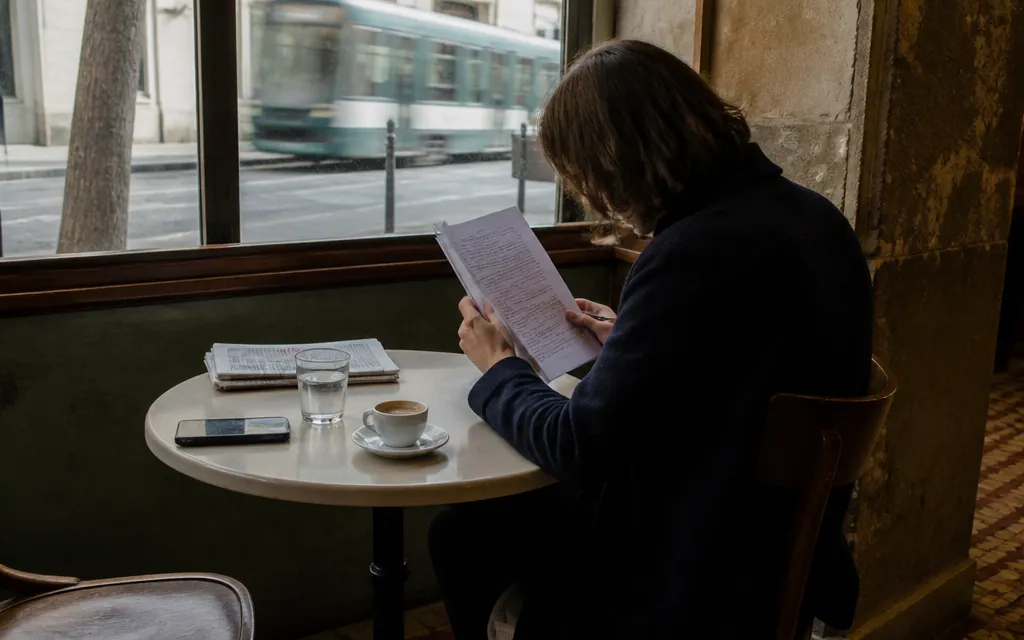 Lecture d’une lettre de mission de plusieurs pages, stylo en main, à la table d’un café de quartier lyonnais