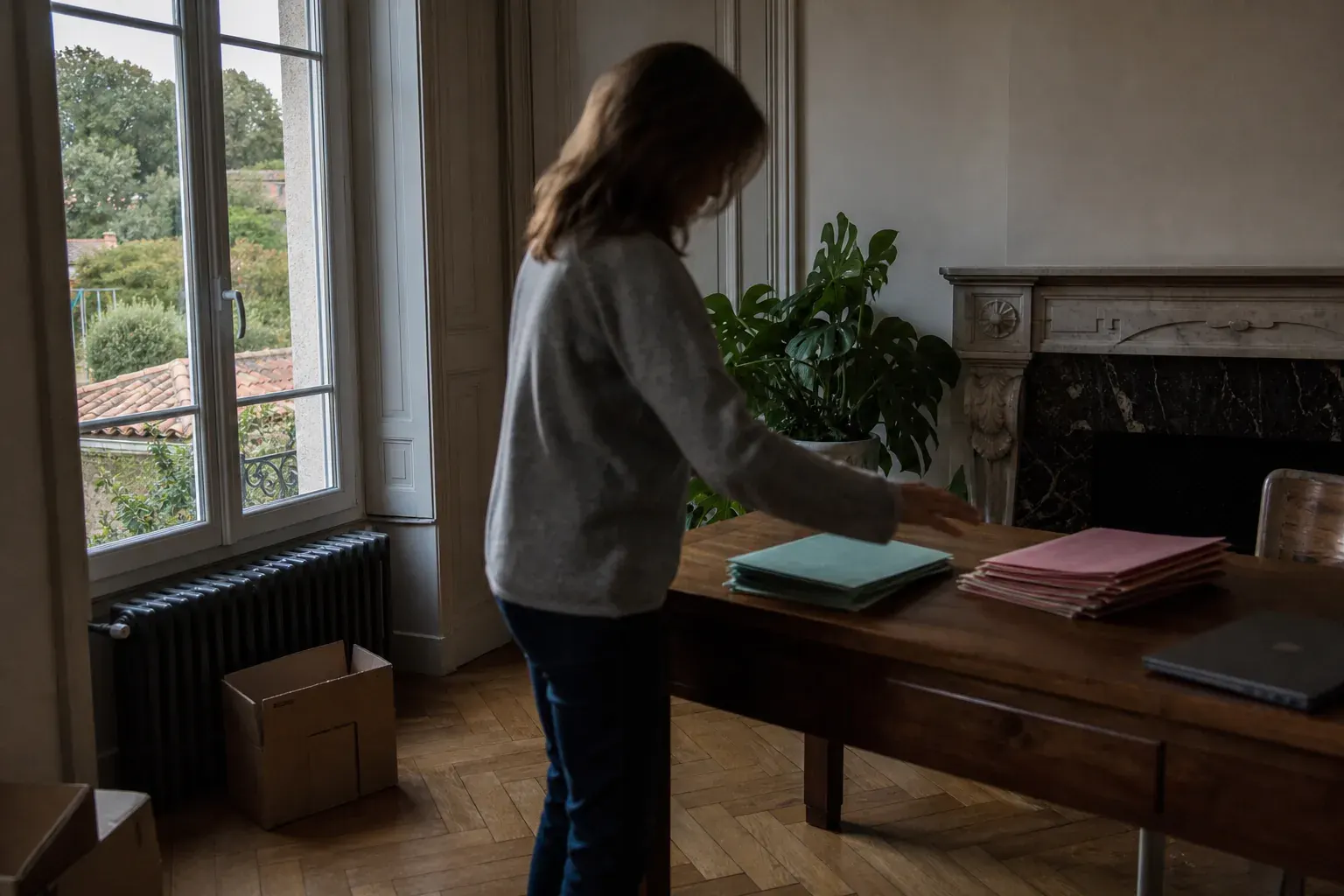 Bureau d’une petite société à l’étage d’une maison de pierre de l’ouest lyonnais, dossiers de société civile immobilière triés sur la table